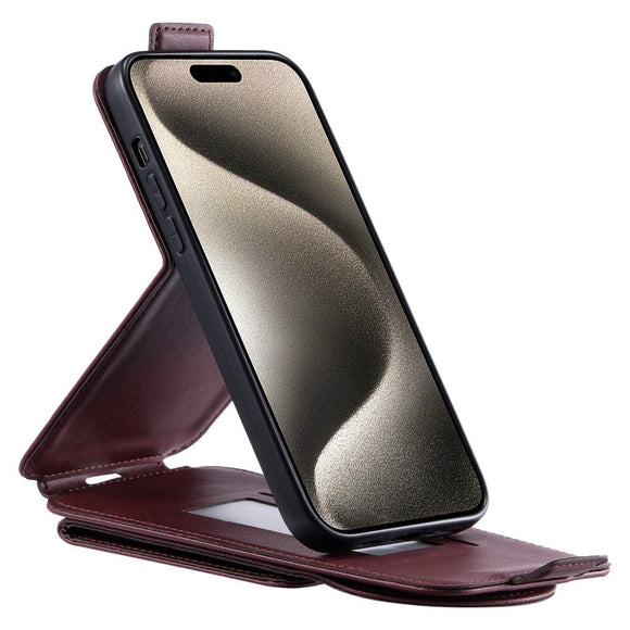 iPhone 15 Pro Vertikalt Læder Flip Cover m. Pung / Ståfunktion / Strop - Rød
