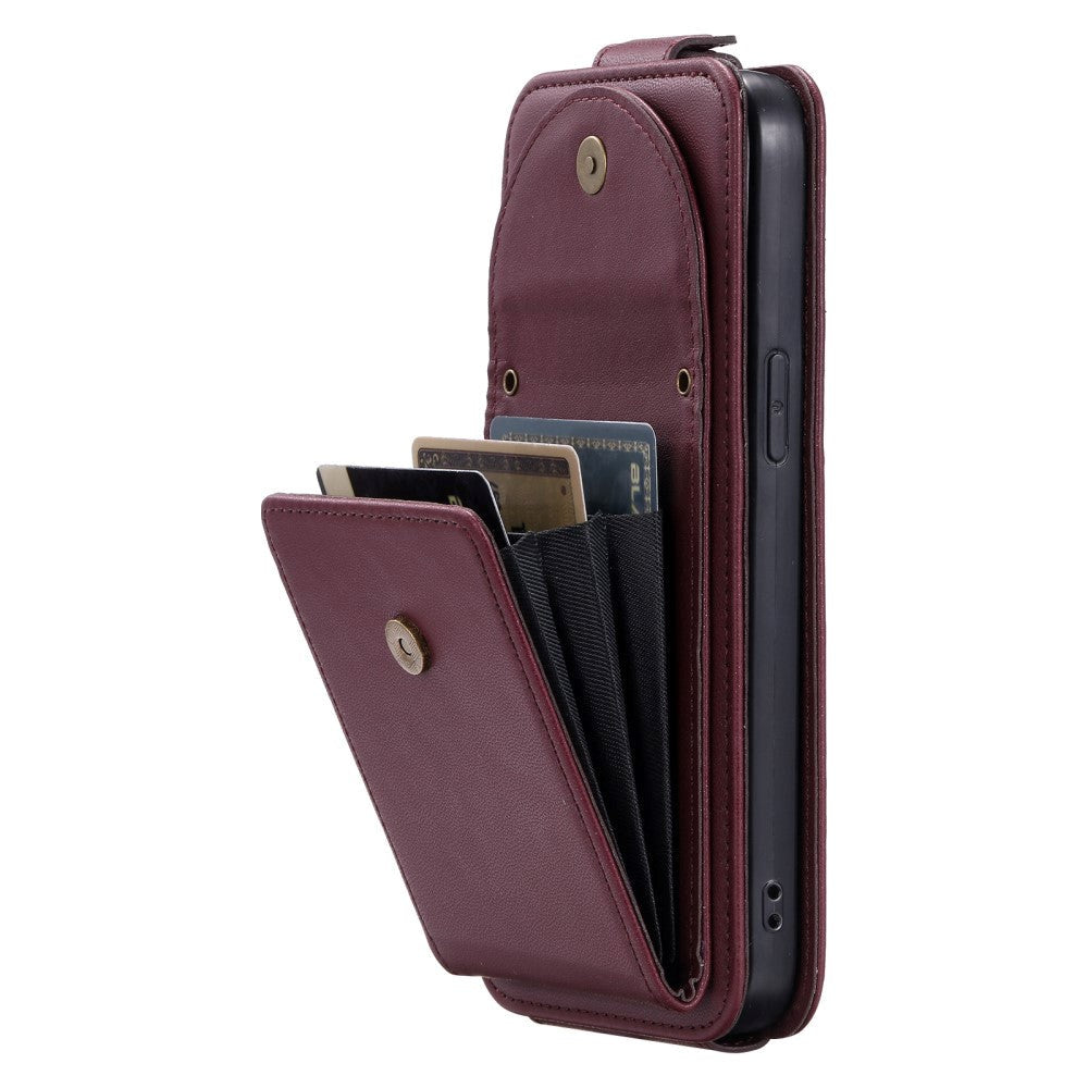 iPhone 15 Pro Vertikalt Læder Flip Cover m. Pung / Ståfunktion / Strop - Rød