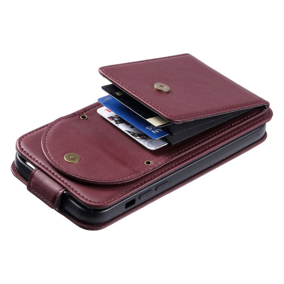 iPhone 15 Pro Vertikalt Læder Flip Cover m. Pung / Ståfunktion / Strop - Rød