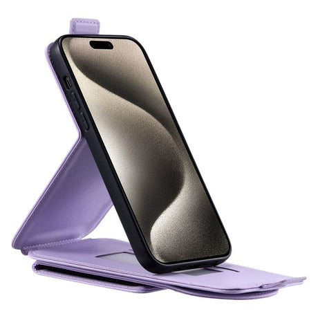 iPhone 15 Pro Max Vertikalt Læder Flip Cover m. Pung / Ståfunktion / Strop - Lilla
