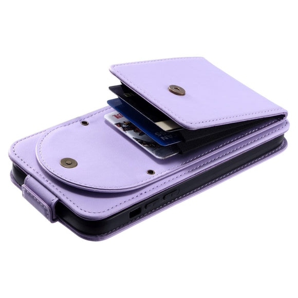 iPhone 15 Pro Max Vertikalt Læder Flip Cover m. Pung / Ståfunktion / Strop - Lilla