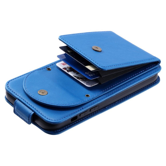 iPhone 15 Pro Max Vertikalt Læder Flip Cover m. Pung / Ståfunktion / Strop - Blå
