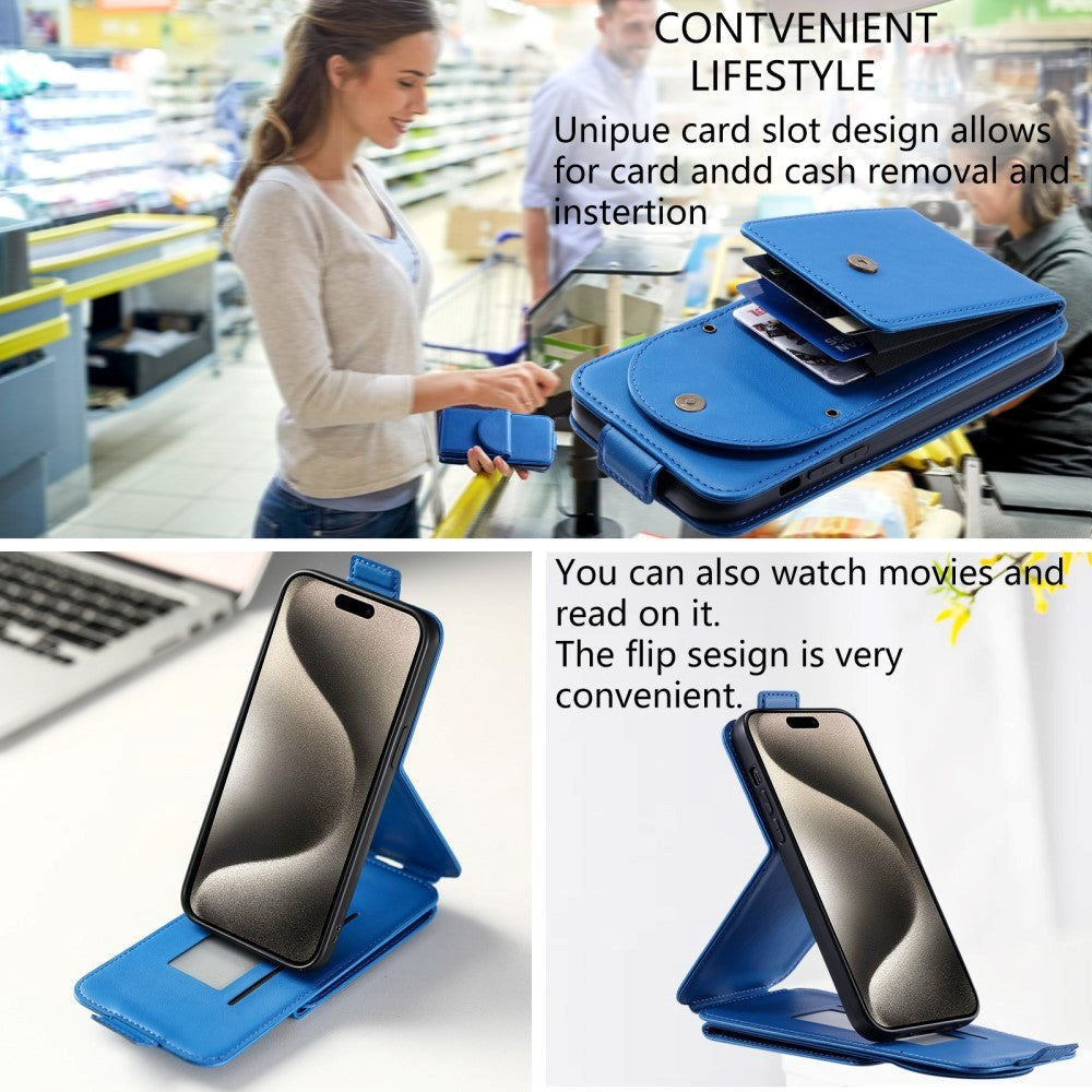 iPhone 15 Pro Max Vertikalt Læder Flip Cover m. Pung / Ståfunktion / Strop - Blå