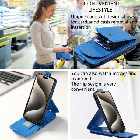 iPhone 15 Pro Max Vertikalt Læder Flip Cover m. Pung / Ståfunktion / Strop - Blå