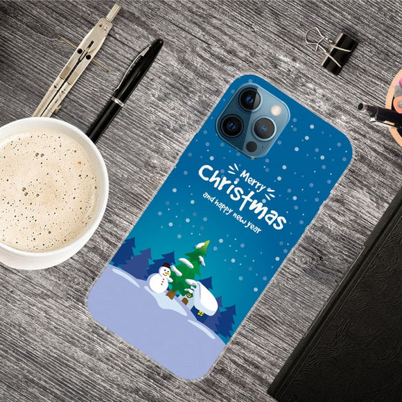 iPhone 15 Pro Fleksibelt Plastik Jule Cover - Merry Christmas - Snemand & Juletræ