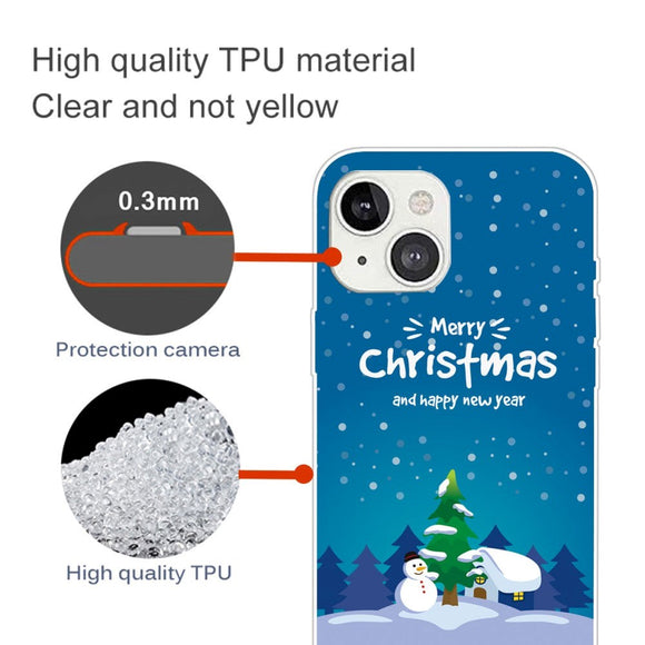 iPhone 15 Fleksibelt Plastik Jule Cover - Merry Christmas - Snemand & Juletræ