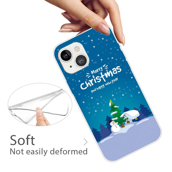 iPhone 15 Fleksibelt Plastik Jule Cover - Merry Christmas - Snemand & Juletræ