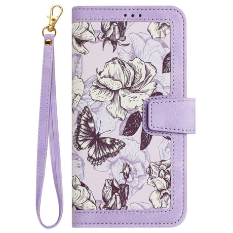 Samsung Galaxy S24 Ultra Læder Cover m. Pung & Strop - Lilla m. Blomster og Sommerfugl