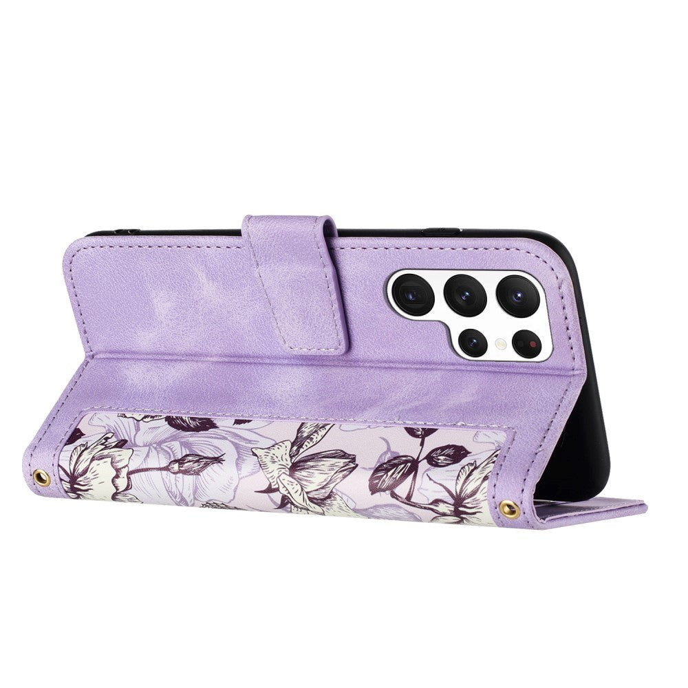 Samsung Galaxy S24 Ultra Læder Cover m. Pung & Strop - Lilla m. Blomster og Sommerfugl