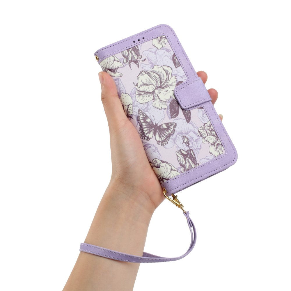 Samsung Galaxy S24 Ultra Læder Cover m. Pung & Strop - Lilla m. Blomster og Sommerfugl