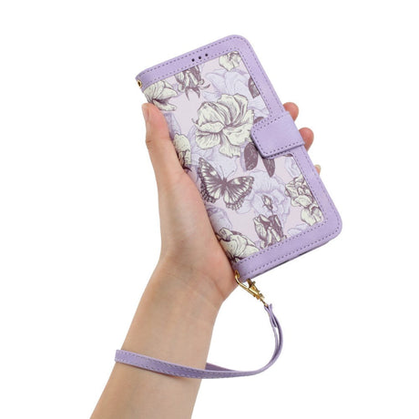 Samsung Galaxy S24 Ultra Læder Cover m. Pung & Strop - Lilla m. Blomster og Sommerfugl