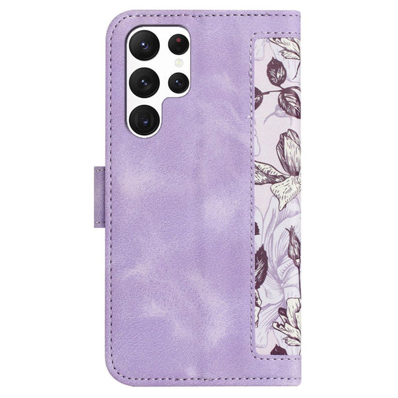 Samsung Galaxy S24 Ultra Læder Cover m. Pung & Strop - Lilla m. Blomster og Sommerfugl