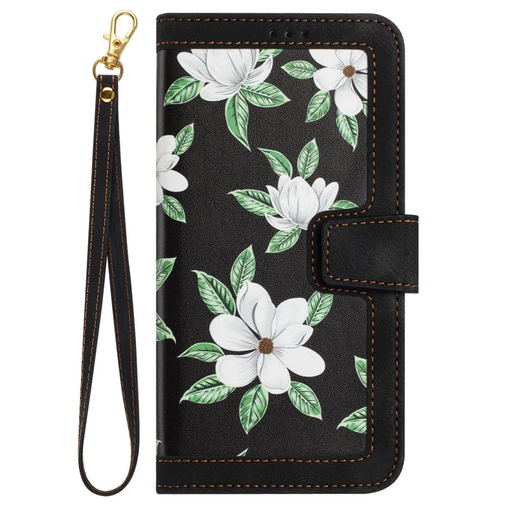 Samsung Galaxy S24 Ultra Læder Cover m. Pung & Strop - Sort m. Blomster