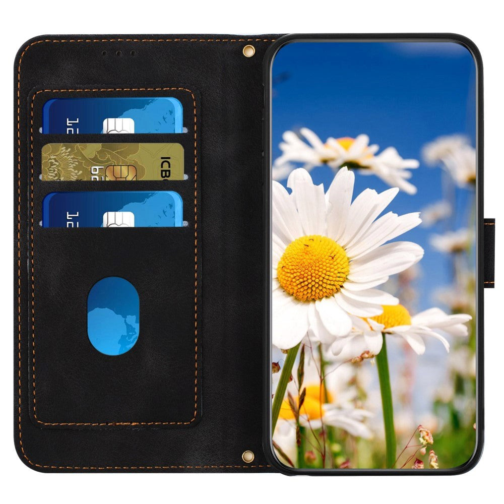 Samsung Galaxy S24 Ultra Læder Cover m. Pung & Strop - Sort m. Blomster