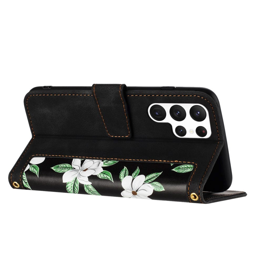 Samsung Galaxy S24 Ultra Læder Cover m. Pung & Strop - Sort m. Blomster