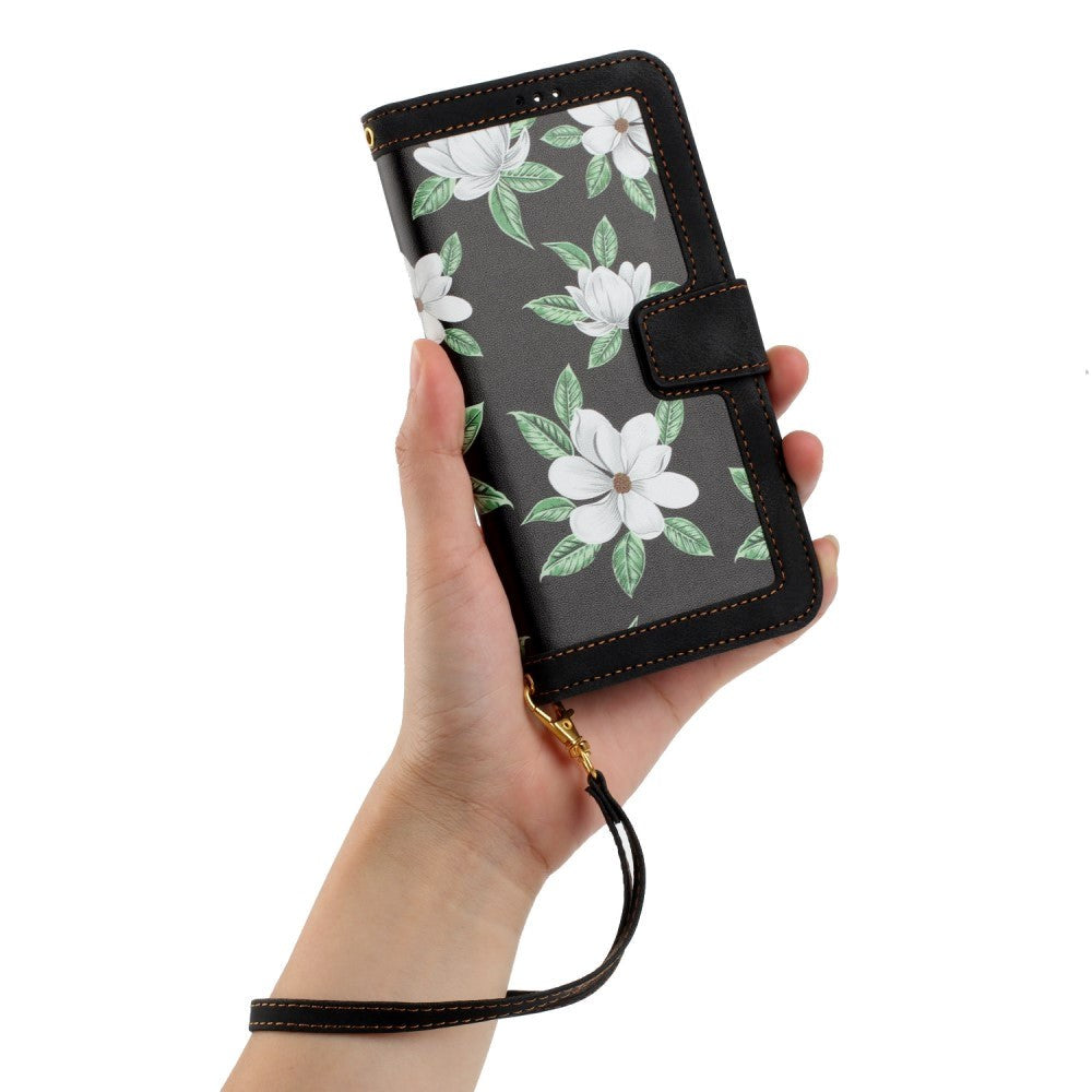 Samsung Galaxy S24 Ultra Læder Cover m. Pung & Strop - Sort m. Blomster