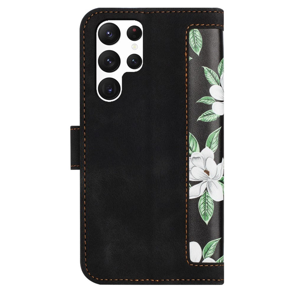 Samsung Galaxy S24 Ultra Læder Cover m. Pung & Strop - Sort m. Blomster