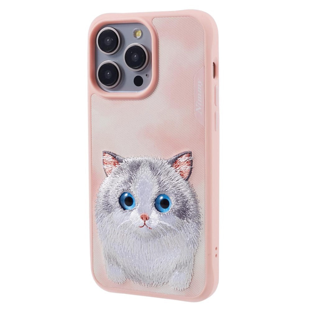 iPhone 15 Pro Hybrid Cover m. Dyremotiv & Brodering - Grå Kat