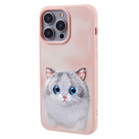 iPhone 15 Pro Hybrid Cover m. Dyremotiv & Brodering - Grå Kat