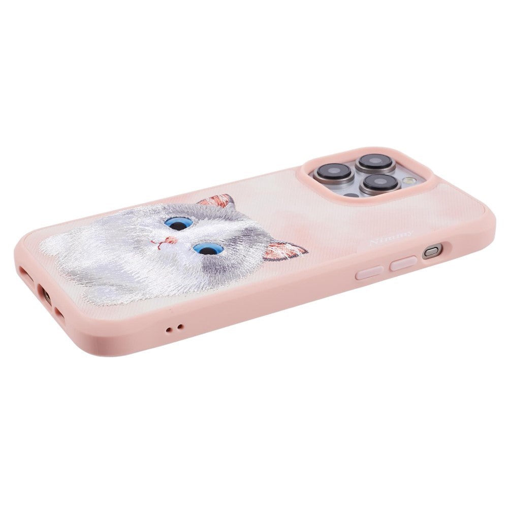 iPhone 15 Pro Hybrid Cover m. Dyremotiv & Brodering - Grå Kat