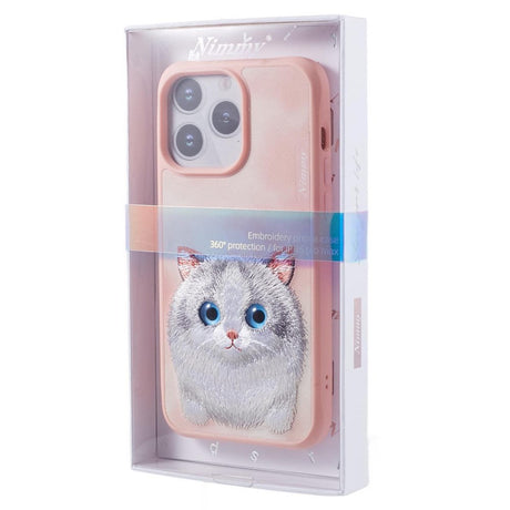 iPhone 15 Pro Hybrid Cover m. Dyremotiv & Brodering - Grå Kat