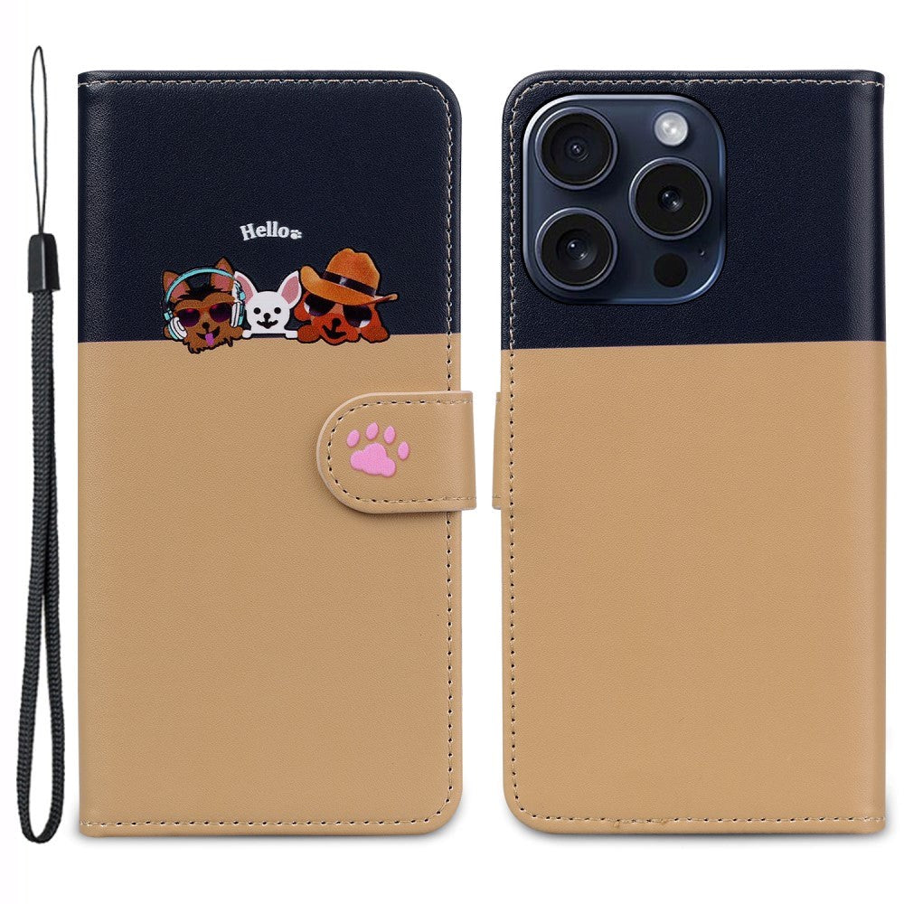 iPhone 15 Pro Flip Cover m. Kortholder / Ståfunktion / Strop -  Blå / Brun (Hunde)