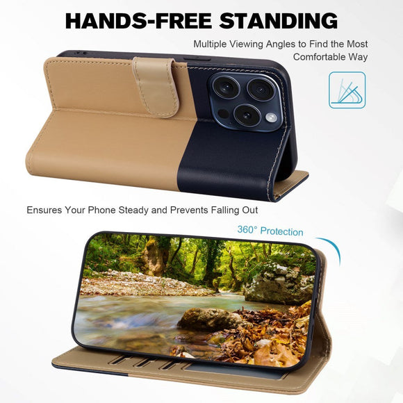 iPhone 15 Pro Flip Cover m. Kortholder / Ståfunktion / Strop -  Blå / Brun (Hunde)