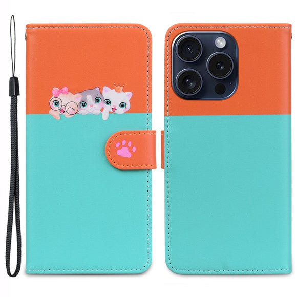 iPhone 15 Pro Flip Cover m. Kortholder / Ståfunktion / Strop - Orange / Blå (Katte)