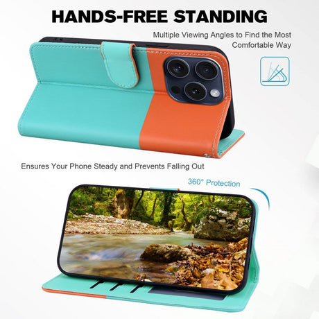 iPhone 15 Pro Flip Cover m. Kortholder / Ståfunktion / Strop - Orange / Blå (Katte)