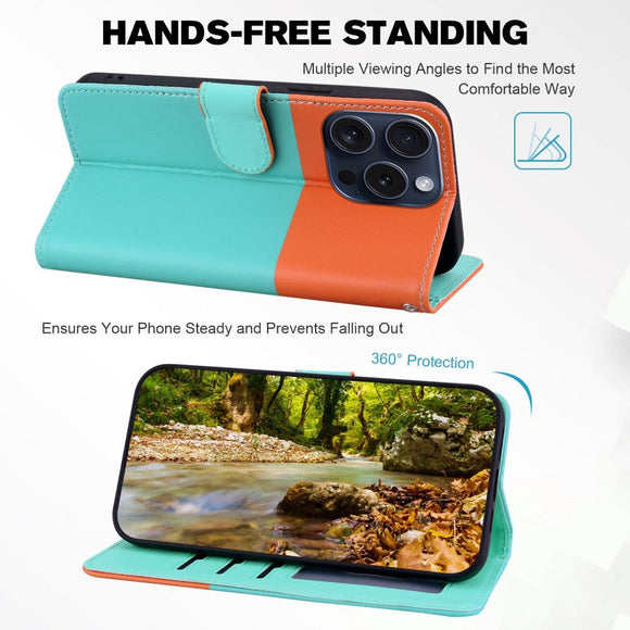 iPhone 15 Pro Flip Cover m. Kortholder / Ståfunktion / Strop - Orange / Blå (Katte)