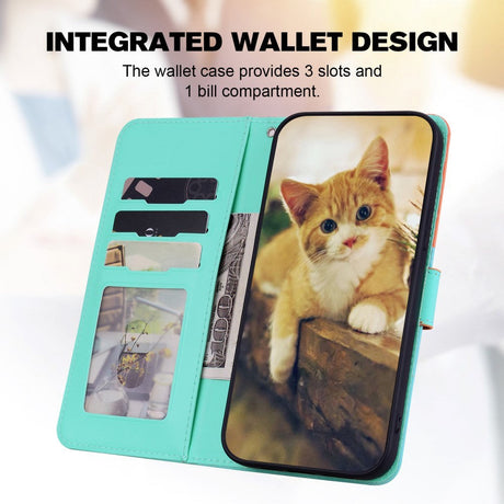 iPhone 15 Pro Flip Cover m. Kortholder / Ståfunktion / Strop - Orange / Blå (Katte)