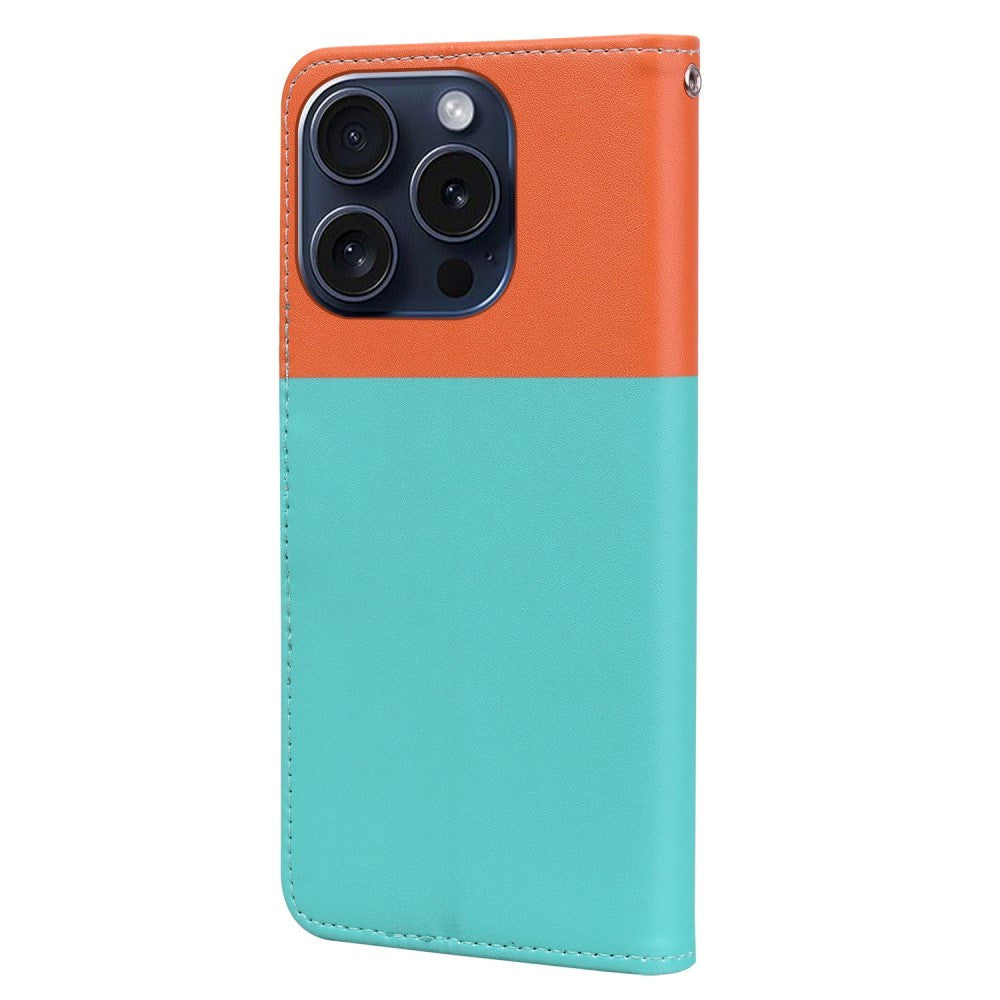 iPhone 15 Pro Flip Cover m. Kortholder / Ståfunktion / Strop - Orange / Blå (Katte)