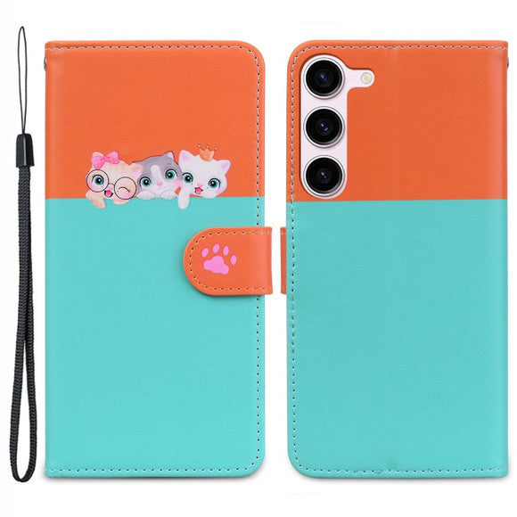 Samsung Galaxy S24+ (Plus) Flip Cover m. Kortholder / Ståfunktion / Strop - Orange / Blå (Katte)