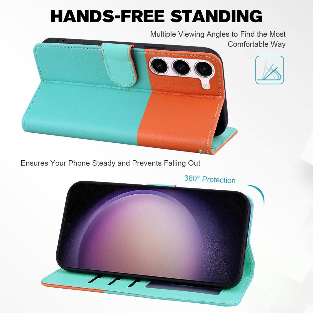 Samsung Galaxy S24+ (Plus) Flip Cover m. Kortholder / Ståfunktion / Strop - Orange / Blå (Katte)