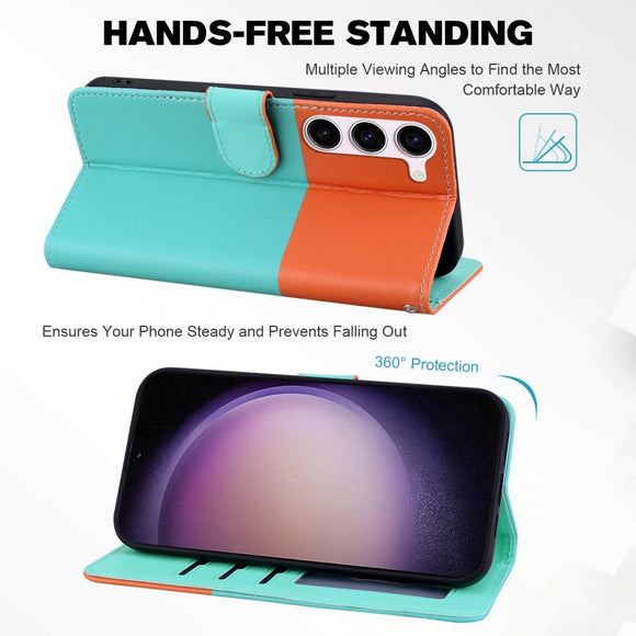 Samsung Galaxy S24+ (Plus) Flip Cover m. Kortholder / Ståfunktion / Strop - Orange / Blå (Katte)