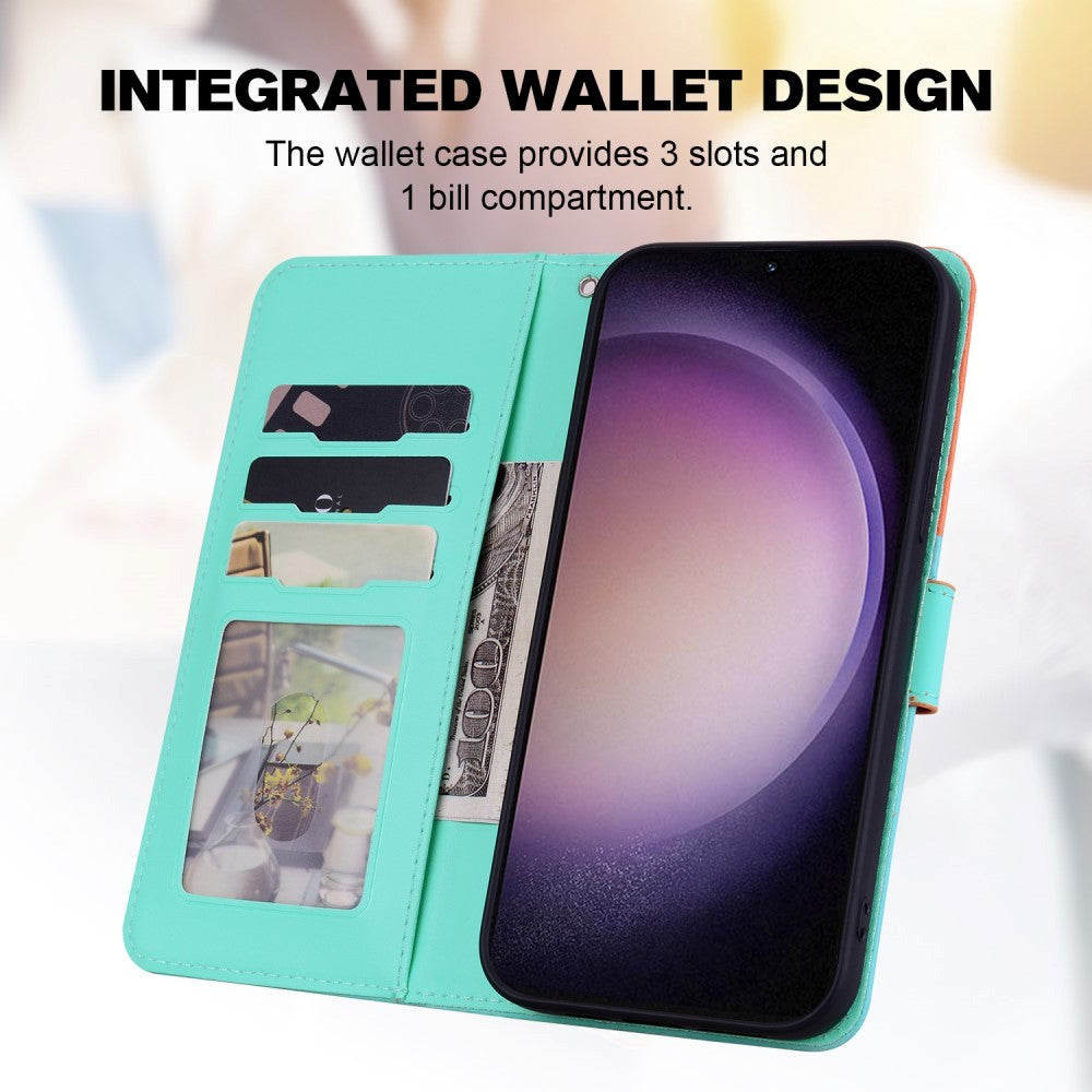 Samsung Galaxy S24+ (Plus) Flip Cover m. Kortholder / Ståfunktion / Strop - Orange / Blå (Katte)