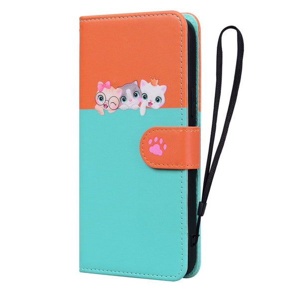 Samsung Galaxy S24+ (Plus) Flip Cover m. Kortholder / Ståfunktion / Strop - Orange / Blå (Katte)