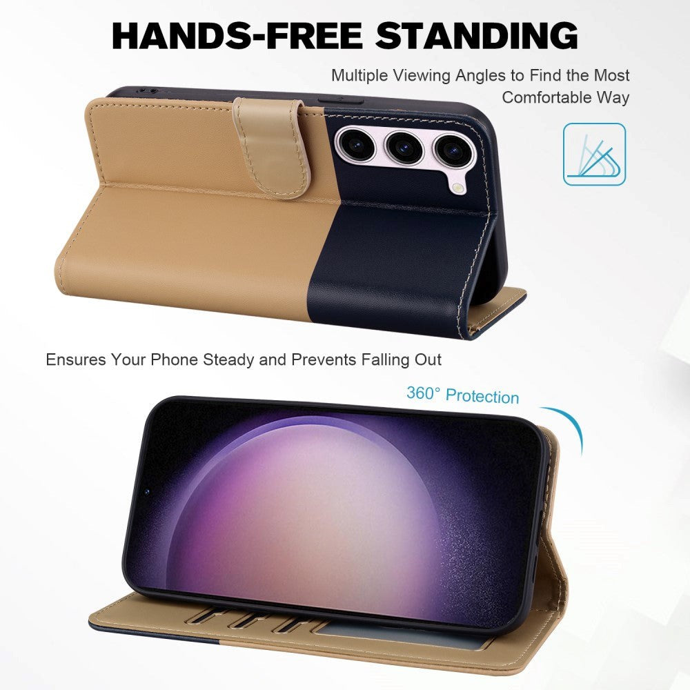 Samsung Galaxy S24+ (Plus) Flip Cover m. Kortholder / Ståfunktion / Strop - Blå / Brun (Katte)