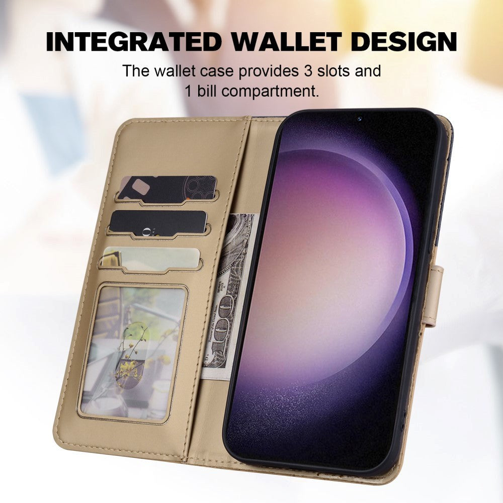 Samsung Galaxy S24+ (Plus) Flip Cover m. Kortholder / Ståfunktion / Strop - Blå / Brun (Katte)