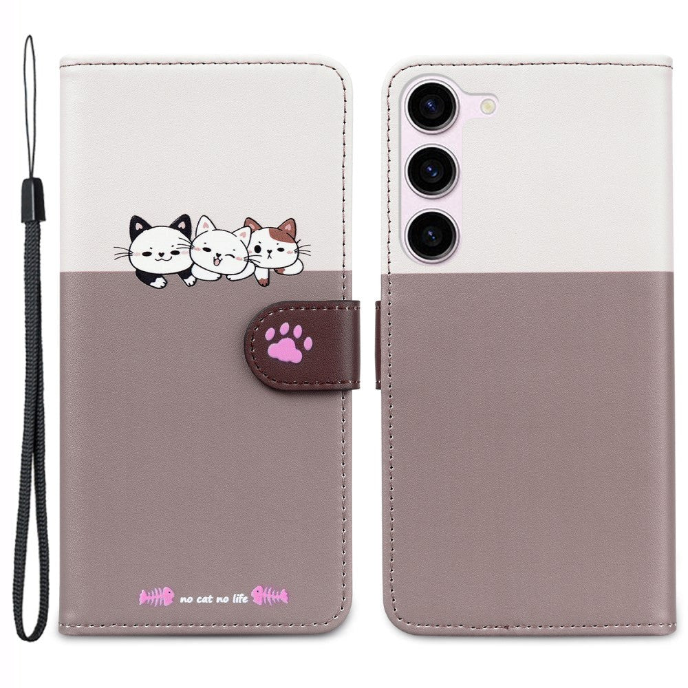 Samsung Galaxy S24+ (Plus) Flip Cover m. Kortholder / Ståfunktion / Strop - Hvid / Brun (Katte)