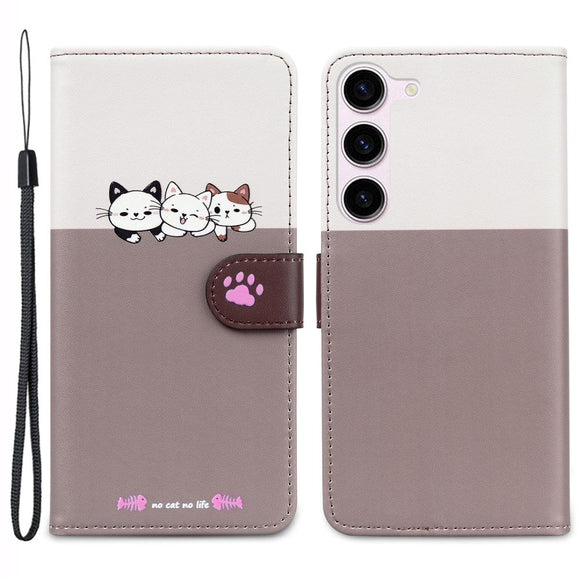 Samsung Galaxy S24+ (Plus) Flip Cover m. Kortholder / Ståfunktion / Strop - Hvid / Brun (Katte)