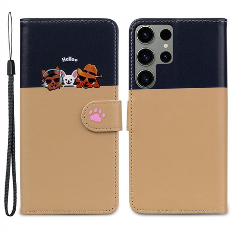 Samsung Galaxy S24 Ultra Flip Cover m. Kortholder / Ståfunktion / Strop - Blå / Brun (Katte)