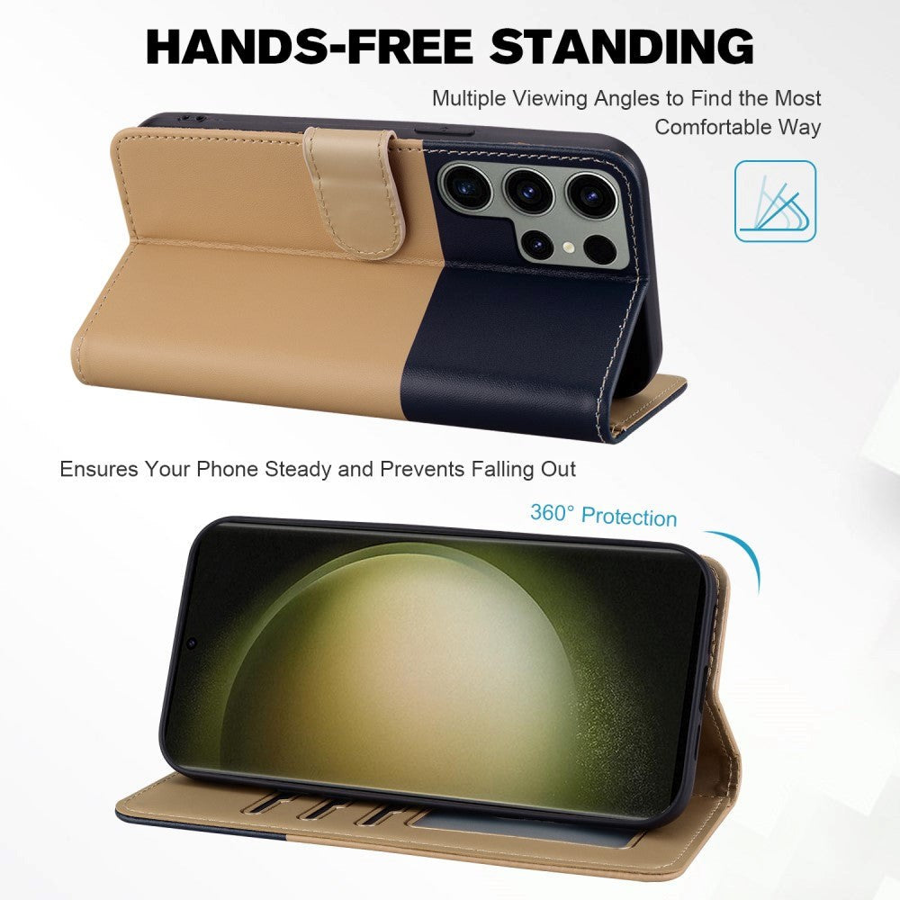 Samsung Galaxy S24 Ultra Flip Cover m. Kortholder / Ståfunktion / Strop - Blå / Brun (Katte)