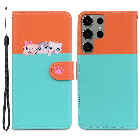 Samsung Galaxy S24 Ultra Flip Cover m. Kortholder / Ståfunktion / Strop - Orange / Blå (Katte)