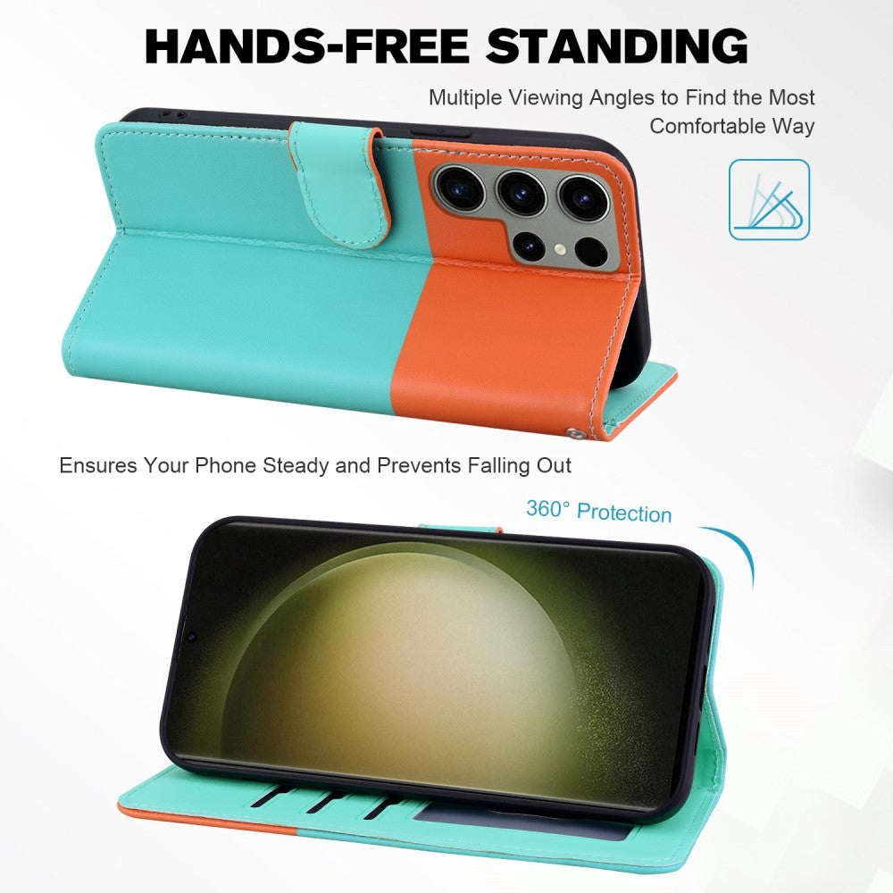 Samsung Galaxy S24 Ultra Flip Cover m. Kortholder / Ståfunktion / Strop - Orange / Blå (Katte)