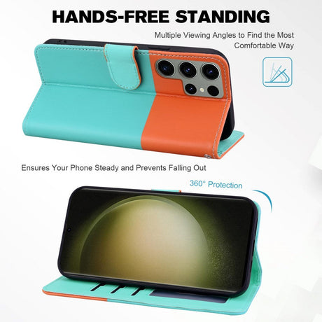 Samsung Galaxy S24 Ultra Flip Cover m. Kortholder / Ståfunktion / Strop - Orange / Blå (Katte)