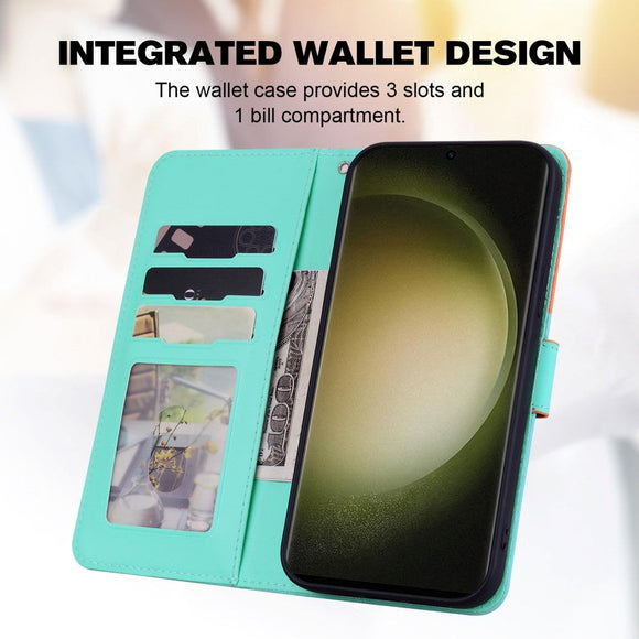 Samsung Galaxy S24 Ultra Flip Cover m. Kortholder / Ståfunktion / Strop - Orange / Blå (Katte)
