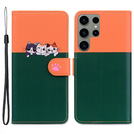 Samsung Galaxy S24 Ultra Flip Cover m. Kortholder / Ståfunktion / Strop - Orange / Grøn (Katte)