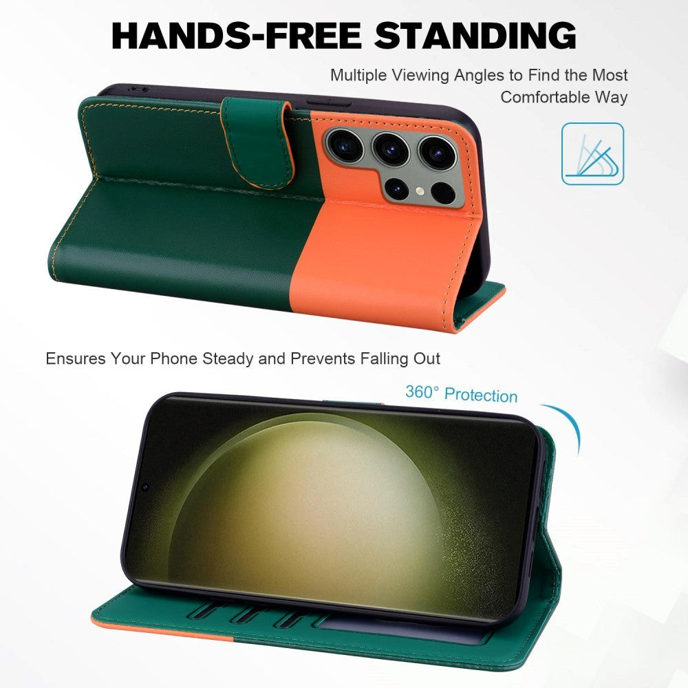 Samsung Galaxy S24 Ultra Flip Cover m. Kortholder / Ståfunktion / Strop - Orange / Grøn (Katte)