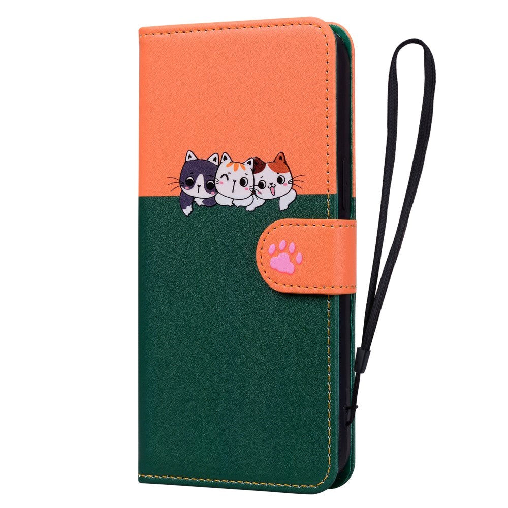 Samsung Galaxy S24 Ultra Flip Cover m. Kortholder / Ståfunktion / Strop - Orange / Grøn (Katte)